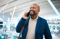 Black man, airport and business call with a smile ready for plane travel and global work. Mobile connection, happiness