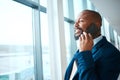 Black man, airport window and business call with smile looking at plane travel flight. Mobile connection, happiness and