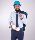 Black man, architect and studio portrait with blueprint for design, project and property by white background. African