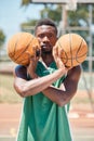 Black man, basketball player and balls in fitness game, exercise match or training competition. Portrait, basketball Royalty Free Stock Photo