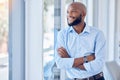 Black man in business, arms crossed and thinking, professional mindset and mission with view out the window. Career