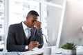 Black man in business, headache and stress with burnout, depression and brain fog in office. Male person with pain at