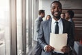 Black man in business, smile in portrait and paperwork, corporate lawyer in meeting. Businessman in conference room Royalty Free Stock Photo