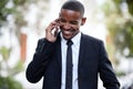 Black man, business and smile on street, phone call and talking on walk for contact, chat or good deal. Happy african Royalty Free Stock Photo