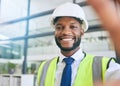 Black man, construction or engineer selfie with a smile working in office for project management. Face of a male person Royalty Free Stock Photo