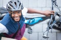 Black man, delivery bicycle and street portrait from top view for logistics, cargo and happy for job. Young african Royalty Free Stock Photo