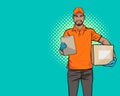 Black man Delivery employee service with big box and clipboard