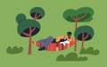 Black man and dog relaxing in hammock among trees. Pet owner and puppy lying, resting in nature outdoors on summer Royalty Free Stock Photo