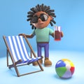 Black man with dreadlocks with deckchair, drink and beachball, 3d illustration