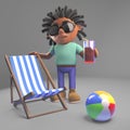 Black man with dreadlocks on holiday with deckchair and drink, 3d illustration