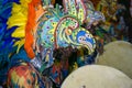 A black man dressed in a colorful costume at Junkanoo