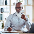 Black man, drinking coffee or notebook writing in corporate office for finance budget, taxes audit planning or financial Royalty Free Stock Photo