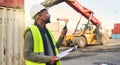 Black man engineer, checklist and container manager planning distribution, shipping and delivery logistics. African Royalty Free Stock Photo