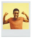 Black man, excited and happy with flex for muscle strength, energy and training success on yellow background. African Royalty Free Stock Photo