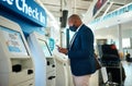 Black man, face mask and plane self check in with phone app with airport information for travel. International flight