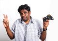 Black man funny use hand playing video game pad joystick Royalty Free Stock Photo