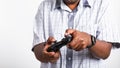 Black man funny use hand playing video game pad joystick Royalty Free Stock Photo