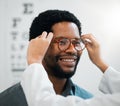 Black man, glasses and hands, vision and eye care, test and optometry with health and smile. Prescription lens, frame