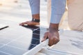 Black man hands, engineer and solar panel grid of construction worker technician outdoor. Businessman, renewable energy