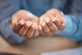 Black man, hands and help for charity, poverty and donation request to support community with legal fees or money. Poor Royalty Free Stock Photo