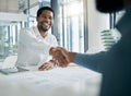 Black man, handshake and architecture with architect recruitment, job interview and onboarding, office and blueprint Royalty Free Stock Photo