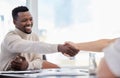 Black man, handshake and partnership, success in interview with onboarding, promotion and working together Royalty Free Stock Photo