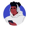 Black man in headphones, listening to music with mobile phone. Young modern calm person in headset, face avatar, head