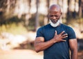 Black man, heart attack and health for outdoor exercise, park and running workout. Senior sports male, chest and stroke