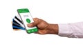 Black man holding credit cards and smartphone with banking app Royalty Free Stock Photo