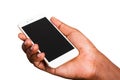 Black man holding mockup white modern digital mobile smart phone blank screen on hand Royalty Free Stock Photo