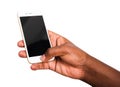 Black man holding mockup white modern digital mobile smart phone blank screen on hand Royalty Free Stock Photo