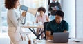 Black man, laptop and boss on megaphone angry or shouting at employee. Loudspeaker, leader and business woman with Royalty Free Stock Photo