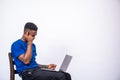 Black man looking thoughtful and having issues with using his credit card and laptop Royalty Free Stock Photo