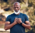 Black man, pain and heart attack from outdoor exercise, running workout or health. Senior sports male, chest and stroke