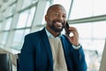 Black man, phone call and smile at airport for business travel, trip or communication waiting for plane. African