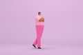 The black man with pink clothes. He is expression of body and hand when talking. 3d illustrator of cartoon character in acting