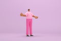 The black man with pink clothes. He is expression of body and hand when talking. 3d illustrator of cartoon character in acting