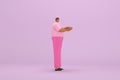 The black man with pink clothes. He is expression of body and hand when talking. 3d illustrator of cartoon character in acting