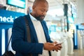 Black man, plane ticket check and document with international airport information for travel. Flight data, businessman Royalty Free Stock Photo