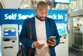 Black man, plane ticket self check in and phone app with international airport information for travel. Flight data Royalty Free Stock Photo