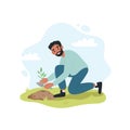Black man planting garden flowers in soil. Male working in garden. Cute vector illustartion in flat cartoon style Royalty Free Stock Photo