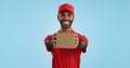 Black man in portrait with delivery, box and ecommerce, distribution with supplier and service on blue background Royalty Free Stock Photo