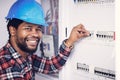 Black man in portrait, electrician and electricity fuse box, check power supply with maintenance on main circuit breaker