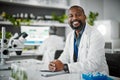 Black man, portrait or science laboratory for medical research, gmo studying or healthcare for genetic engineering