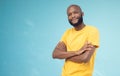 Black man, portrait smile and arms crossed on mockup for advertising or marketing casual fashion. Happy African American Royalty Free Stock Photo