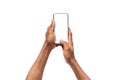 Black man`s hands holding cellphone with blank screen, taking photo Royalty Free Stock Photo