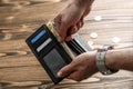 Black man's wallet in man hands Royalty Free Stock Photo