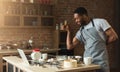 African-american man baking cookies at home kitchen Royalty Free Stock Photo