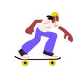 Black man skater riding, standing on skateboard. Young active cool guy in helmet travels on skate board. Skateboarder