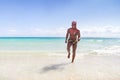 Man with snorkel running Royalty Free Stock Photo